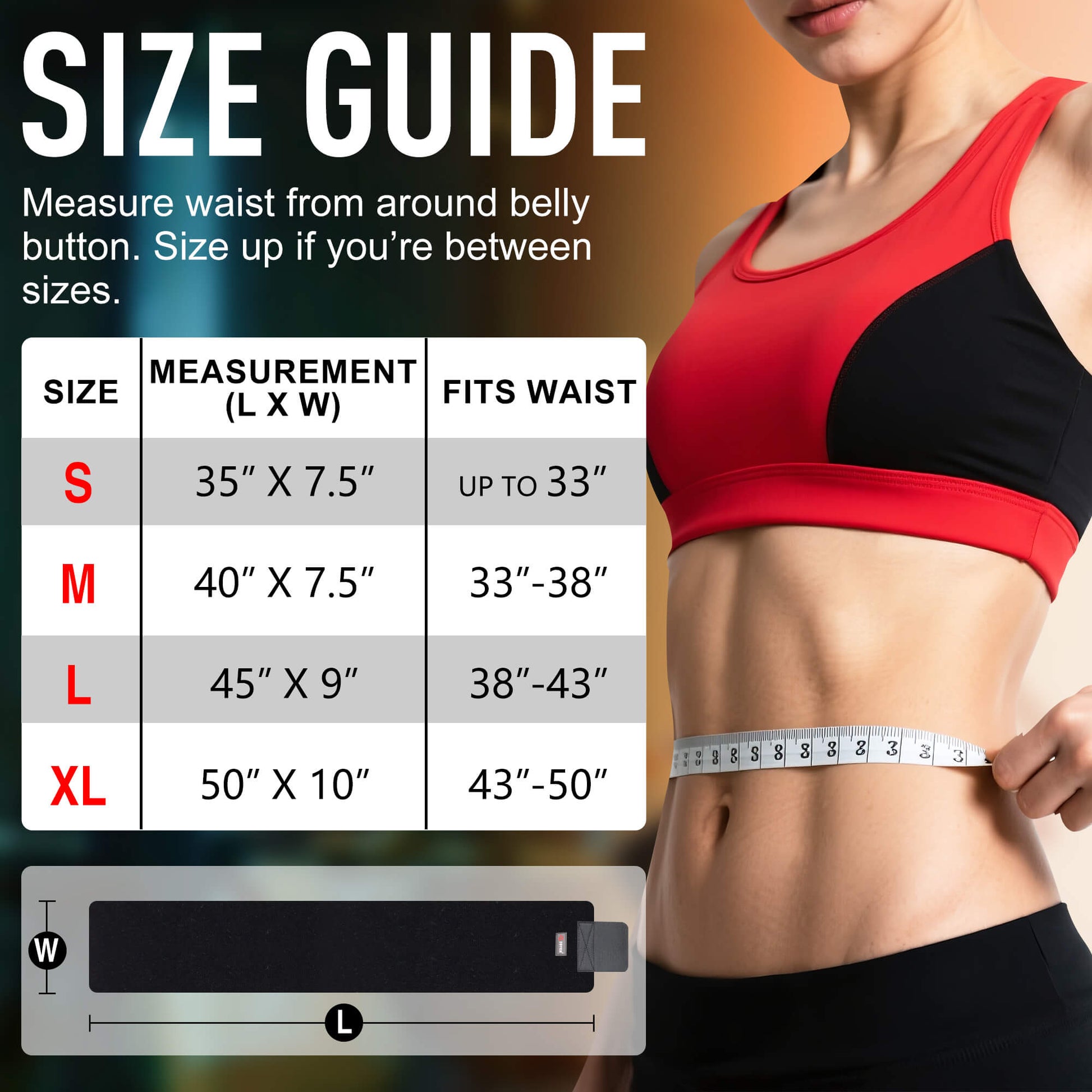 ZOYER back brace size guide. A chart illustrates how to measure your waist from around the belly button and provides a table with specific measurements for sizes S, M, L, and XL.