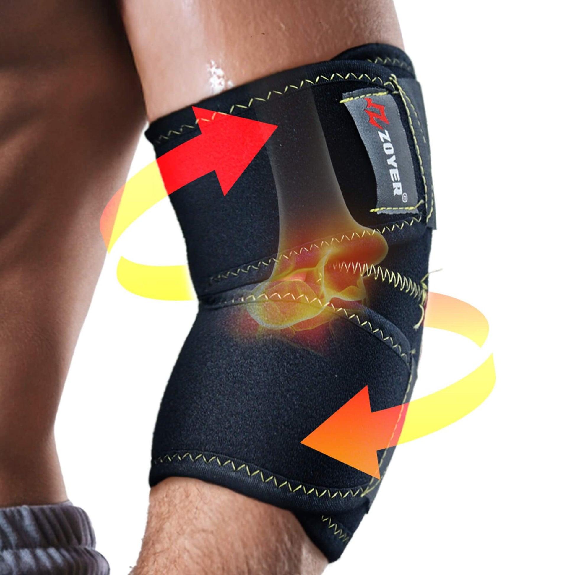 A close-up view of the Zoyer elbow brace in action! You can see how it provides targeted compression and stable support right where you need it most.