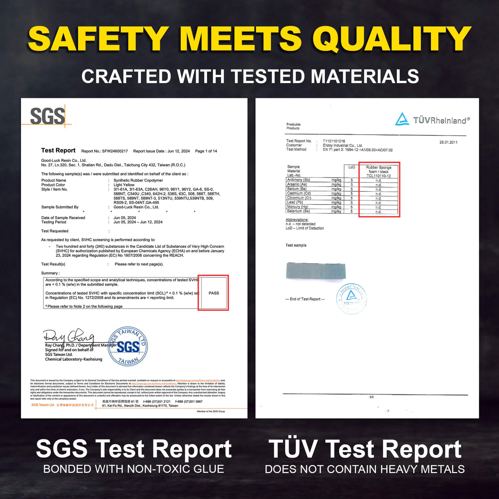 Crafted with tested materials you can trust. This image displays our official SGS and TÜV test reports, confirming the Zoyer elbow brace is safe and high-quality.