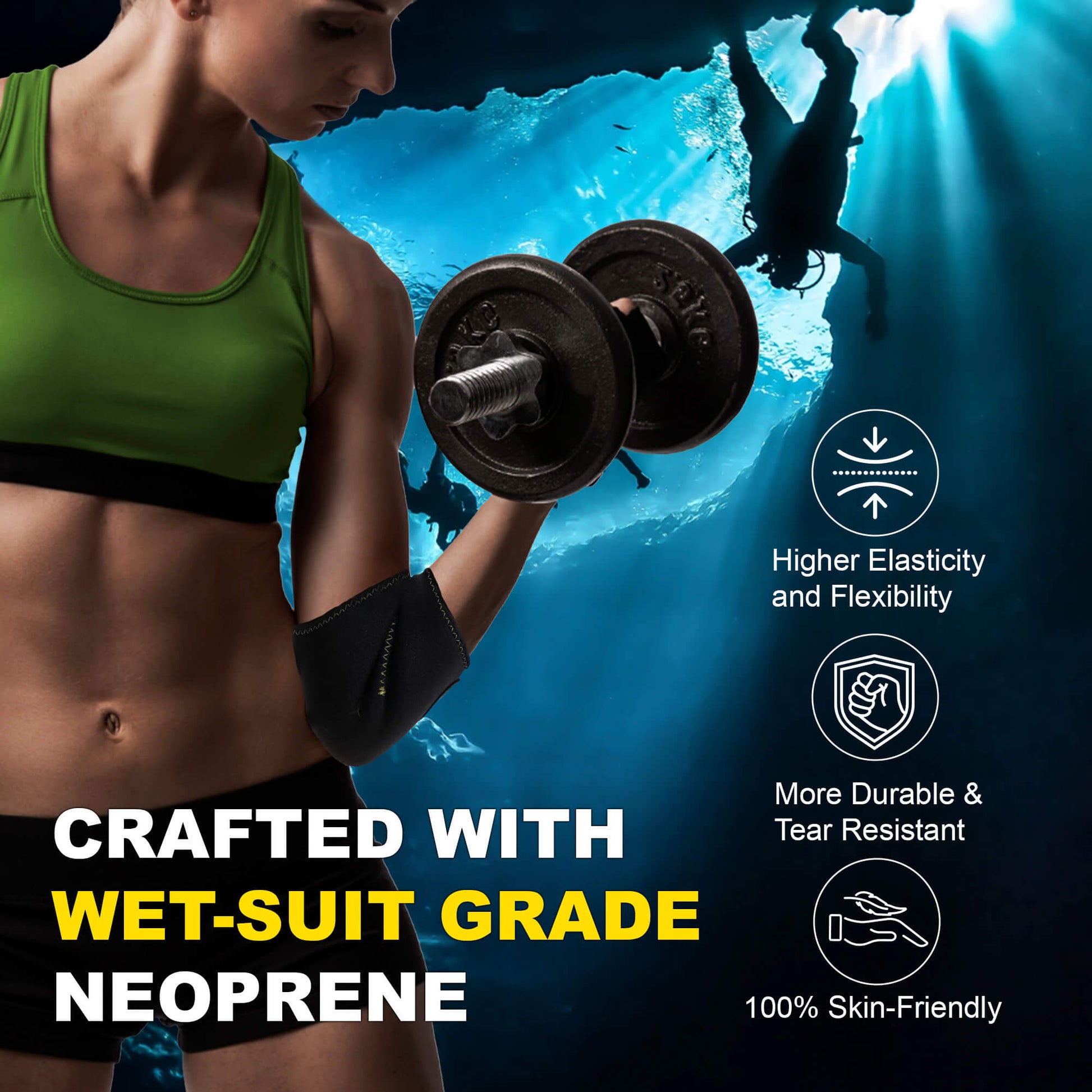 Feel the quality of our wet-suit grade neoprene. A woman lifts a dumbbell, showing the Zoyer elbow brace's flexibility and durable, skin-friendly design. It's built to last!