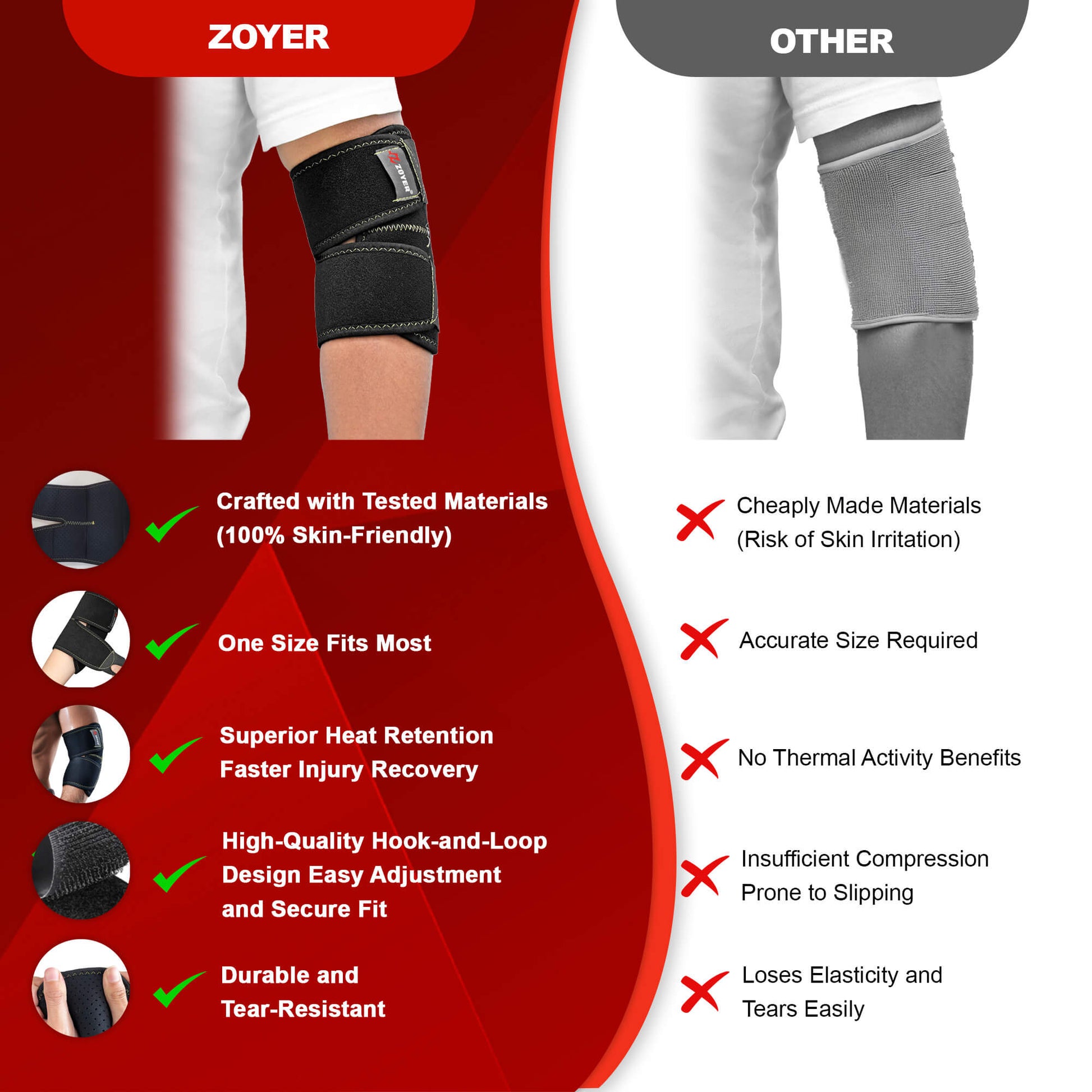 See the Zoyer difference! Our elbow brace is made with tested, skin-friendly materials for a secure fit. Don't settle for other braces that are cheaply made, slip down, and lose their shape.