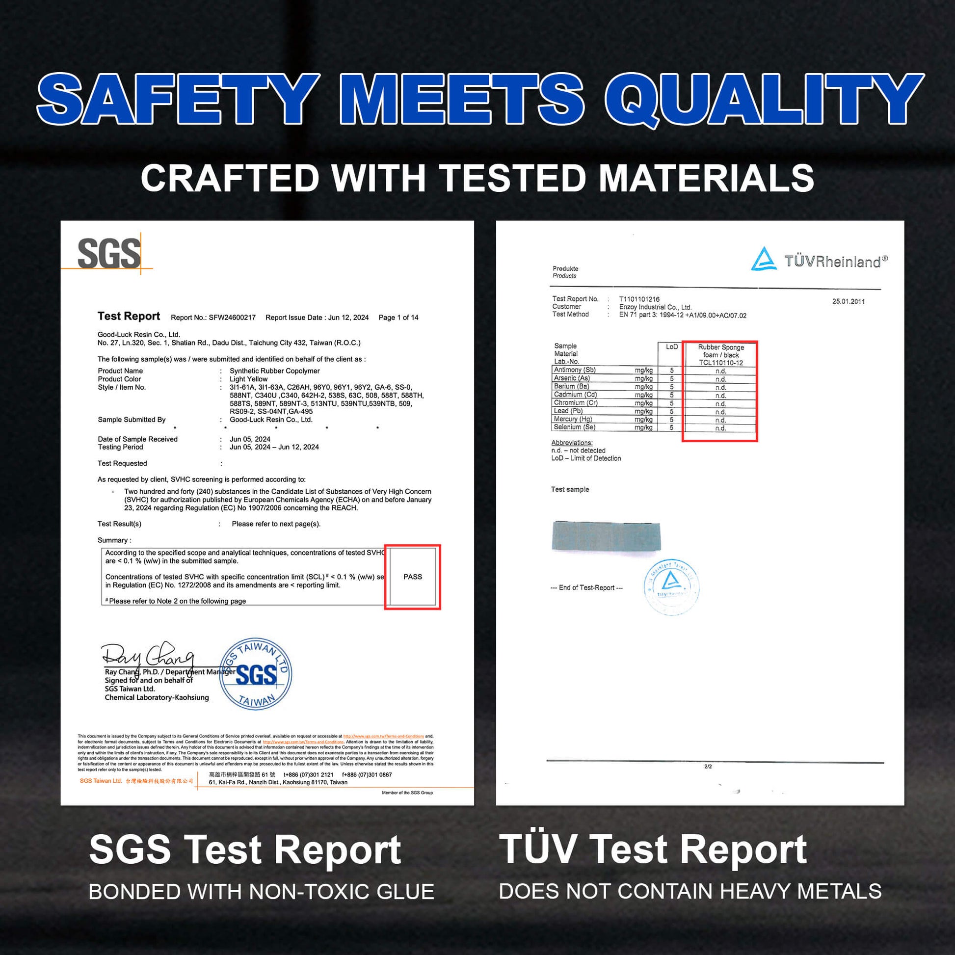 A guarantee of safety meets quality. This image displays the SGS and TÜV Rheinland test reports, certifying that the ZOYER Knee Brace is bonded with non-toxic glue and does not contain any heavy metals.
