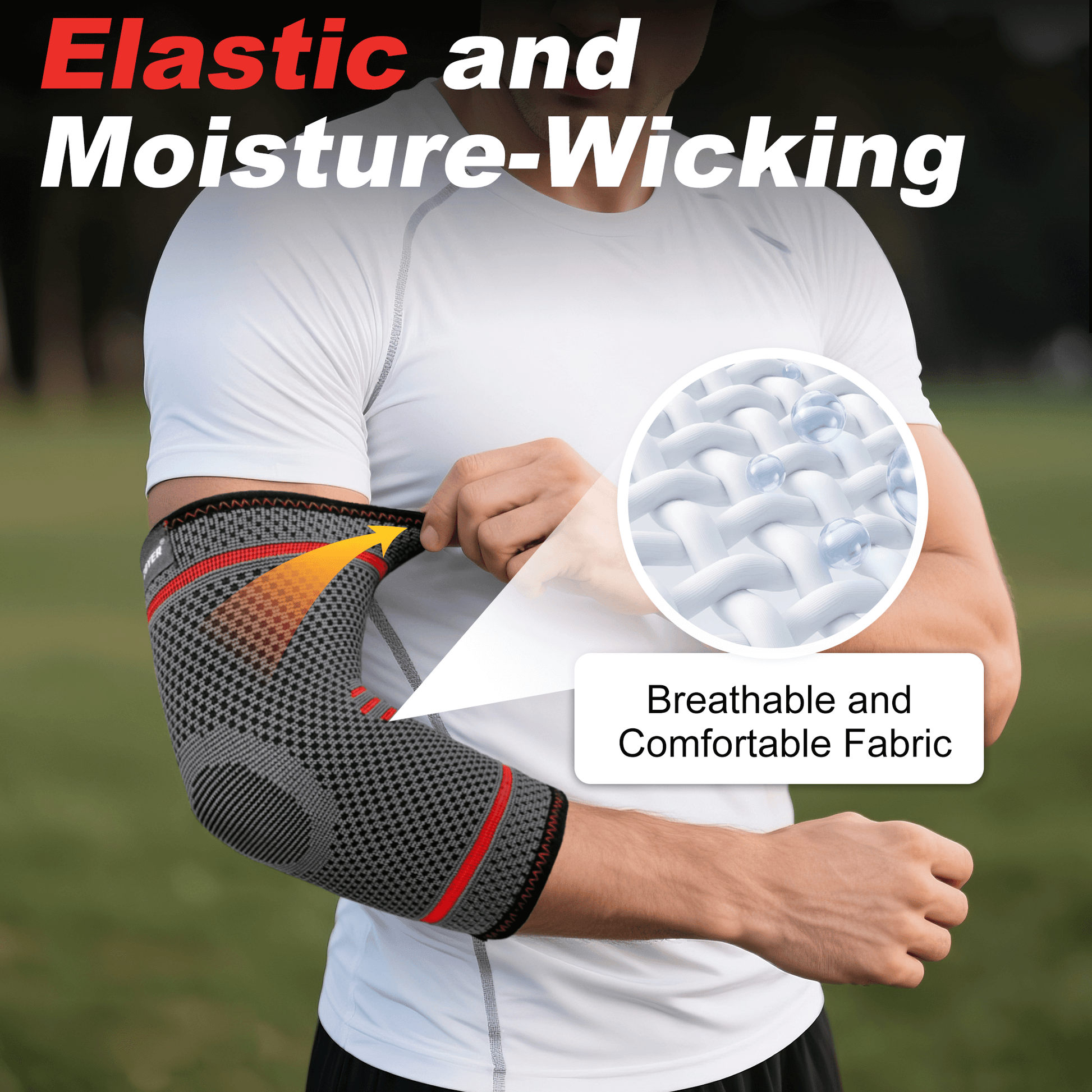 Experience the elastic and moisture-wicking fabric of the ZOYER elbow sleeve. A close-up graphic highlights the breathable and comfortable material that keeps you cool.