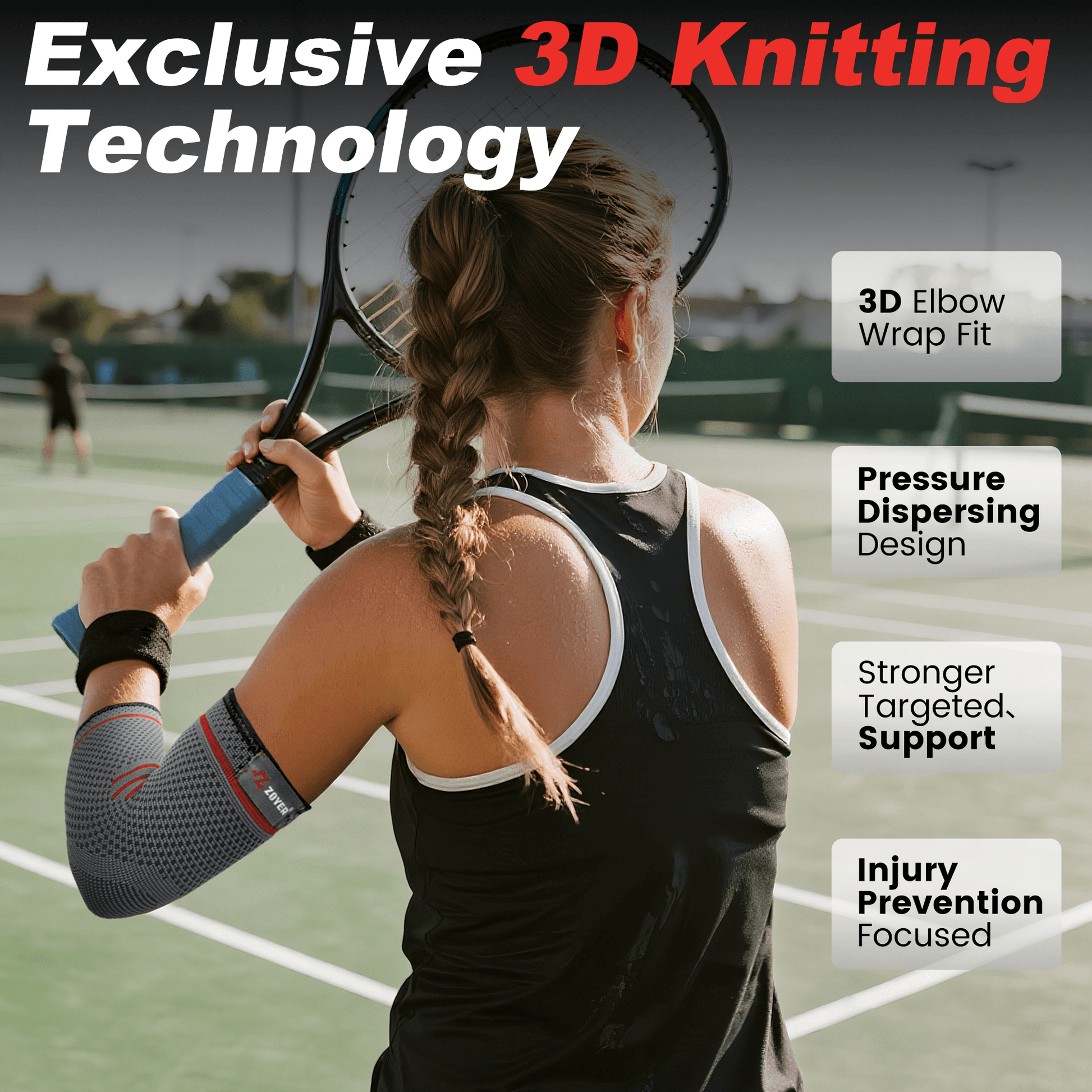 A woman on a tennis court benefits from our exclusive 3D Knitting Technology, which provides a 3D wrap fit, disperses pressure, and offers targeted support for injury prevention.
